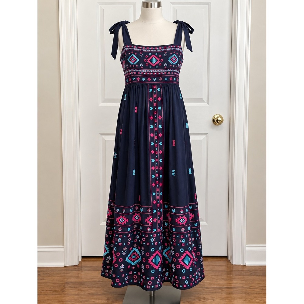 Boho Southwest Embroidered Maxi Dress Tie Strap Navy Savanna Jane L